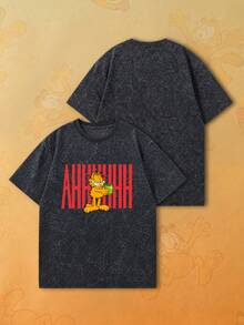 SHEIN | Garfield 女款水洗黑 T-shirt，笑臉卡通貓粉色標語寬鬆上衣，適合日常聚會、旅行、約會，女孩街頭穿搭 - 黑色 - 查看 5