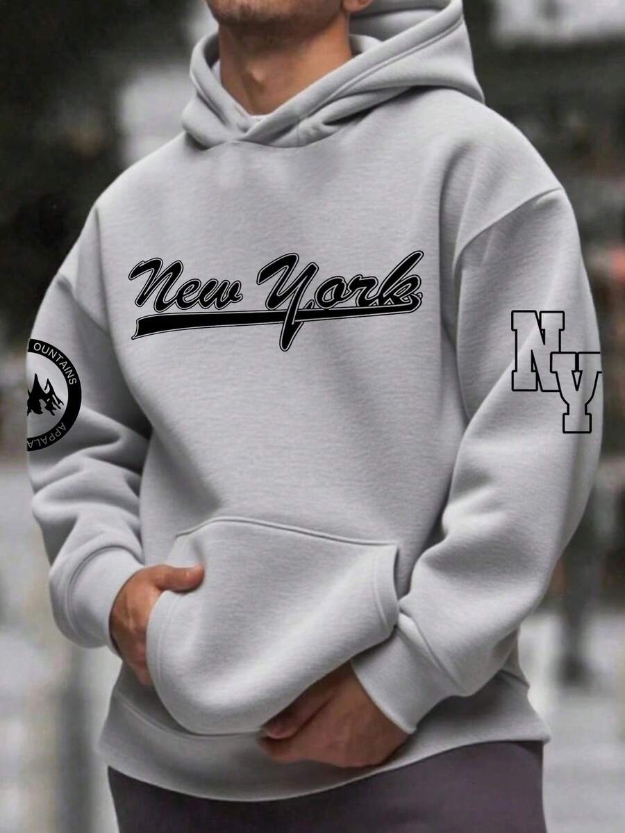 Teen Boy Letter Print Long Sleeve Pocket Casual Sweatshirt - Grey - View 1