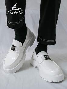 Salkin BEE 正版男士時尚設計師一腳蹬樂福鞋 紳士社交鞋 簡約純色 柔軟舒適鞋面 防滑耐磨大底 厚底增高 日常休閒 辦公商務 正式場合 派對婚禮新郎鞋 多功能百搭 春夏秋款 尺寸偏小，請選擇大一號 - 白色 - 查看 5