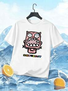 Men's T-Shirt With Funny Cartoon Graphics, Spring, Soft Cotton, Loose Fit, Breathable, Street Style, Hip-Hop, Art Print - White - View 2