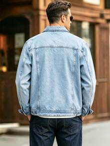 Veste en jean bleu clair pour hommes, lavée vintage, veste en jean à manches longues avec une finition de lavage usé, parfaite pour tous les jours - bleu denim clair - Voir 5