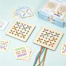 1 Set Wooden Hole Lacing Board With Question Cards, Parent-Child Interactive Colorful Line Matching Toy For Toddler Concentration Training - Multicolor - View 2