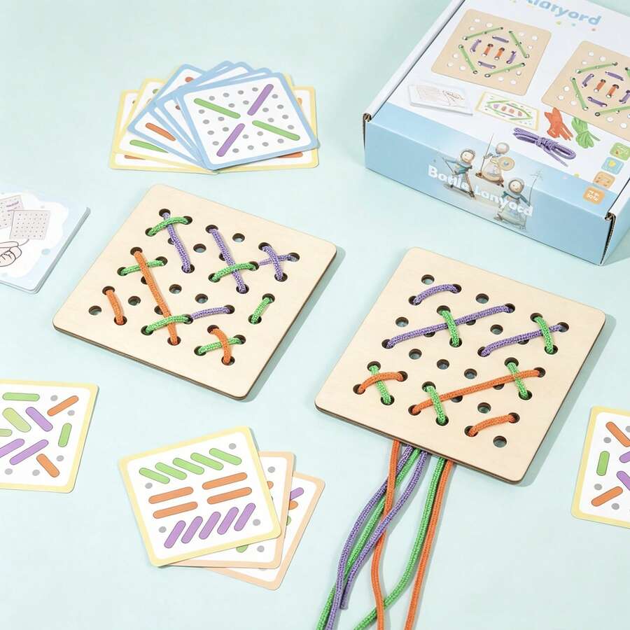 1 Set Wooden Hole Lacing Board With Question Cards, Parent-Child Interactive Colorful Line Matching Toy For Toddler Concentration Training