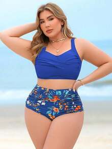 Swim Lushoire Conjunto de traje de baño de 2 piezas con cintura alta, estampado aleatorio y ajuste modesto y de soporte para mujeres de talla grande - Multicolor - Ver 1