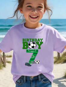 Boy's Number 7 Birthday Party T-Shirt, Featuring A "Birthday Boy" Print In Green Lettering, A Casual Short-Sleeved Sporty Style With Stadium Numbers And A Soccer Ball Design. - 紫色 - 查看 3