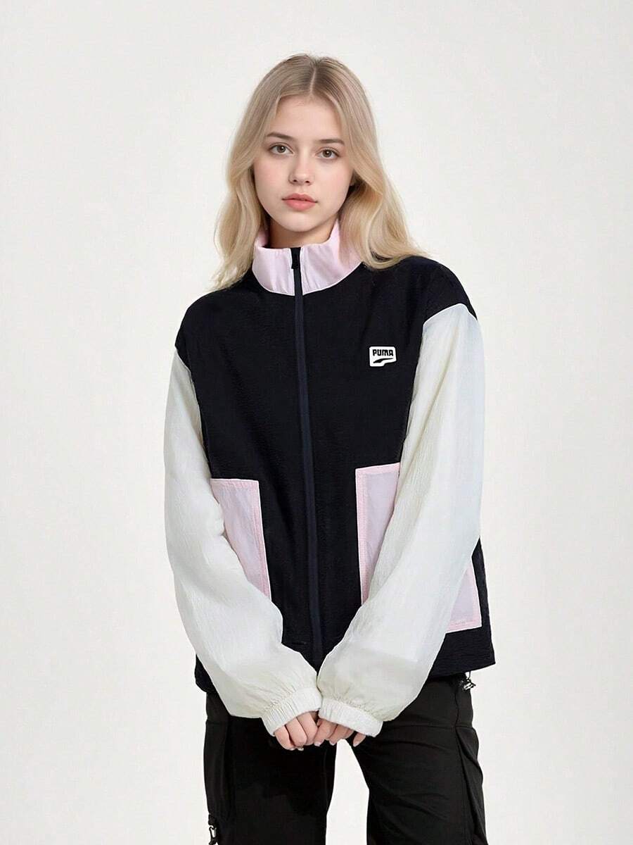 PUMA Contrast Color Stand Collar Casual Knit Jacket For Running & Training, 532726 - Black - View 1