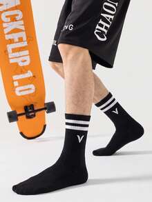 1/5/10/20 Pairs Black Letter Mid-Calf Socks, Striped Cuff Knitted Casual Street Style Mid-Calf Socks, Minimalist Yet Designed Overall Style, Suitable For Daily Commute, Casual Wear, Theme Parties, Holiday Gifts, Home Wear, Relaxed Style - Multicolor - View 8