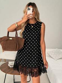 Vestido mini de cuello redondo sin mangas con dobladillo de encaje, adecuado para uso casual, playa, vacaciones, primavera/verano - Blanco y Negro - Ver 1