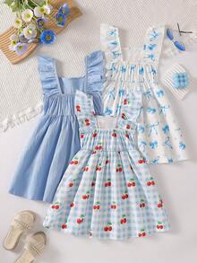 Conjunto de 3 vestidos casuales de verano para niñas jóvenes, con mangas volantes, estampado de cuadros de cereza y moño, adecuado para vacaciones, playa, actividades al aire libre y uso diario - Multicolor - Ver 2