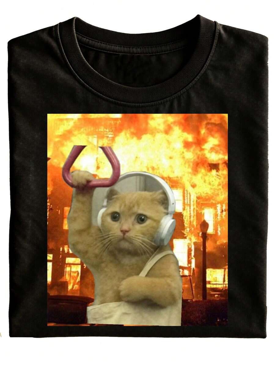 Funny Cat with Fire Background And Headphones Graphic T Shirt Black Unisex Casual Tee for Men Women Gift Idea   Fashionable And Versatile for Casual Attire Holiday Present, PLUS SIZE - Schwarz - Übersicht 1