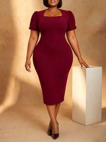 1pc Elegant Solid Color Asymmetric/Asymmetrical Midi Knit Dress, Office/Home/Casual/Night Wear, Spring/Summer - Burgundy - View 6