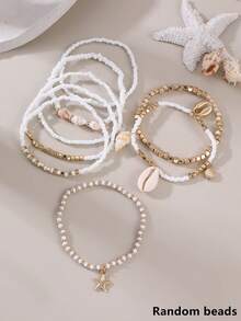 NAIZHU 8pcs Bohemian Ocean Style Starfish Shell Multi-Layer Beaded Anklet Set For Women, Vacation Style, Random Color - Multicolor - View 4