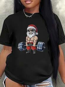 Women's Short-Sleeved T-Shirt With A Print Of A Powerful Santa Claus Lifting A Dumbbell - Loose Fit, Round Neck, Casual Style, Suitable For Christmas Parties, Everyday Wear And - 黑色 - 查看 1