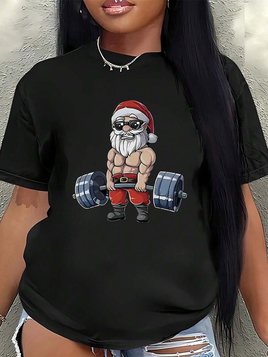 Women's Short-Sleeved T-Shirt With A Print Of A Powerful Santa Claus Lifting A Dumbbell - Loose Fit, Round Neck, Casual Style, Suitable For Christmas Parties, Everyday Wear And - 黑色 - 查看 1