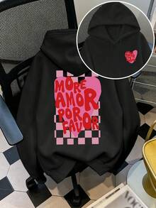 Women's Plus-Size Casual Hoodie – Reversible Heart & Checkerboard Print – "Sweet-Cool" Style – Autumn/Winter Graphic Hoodie - Black - View 1