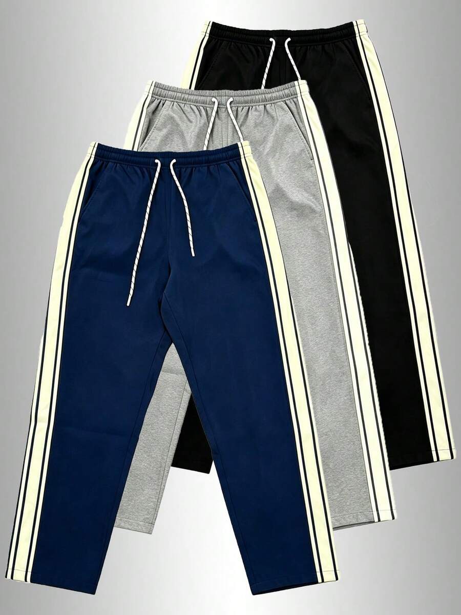 Men's Side Stripe Drawstring Sweatpants, Casual Loose Straight Leg Joggers, Breathable Quick-Dry Outdoor Sports Long Pants - Blue - View 1
