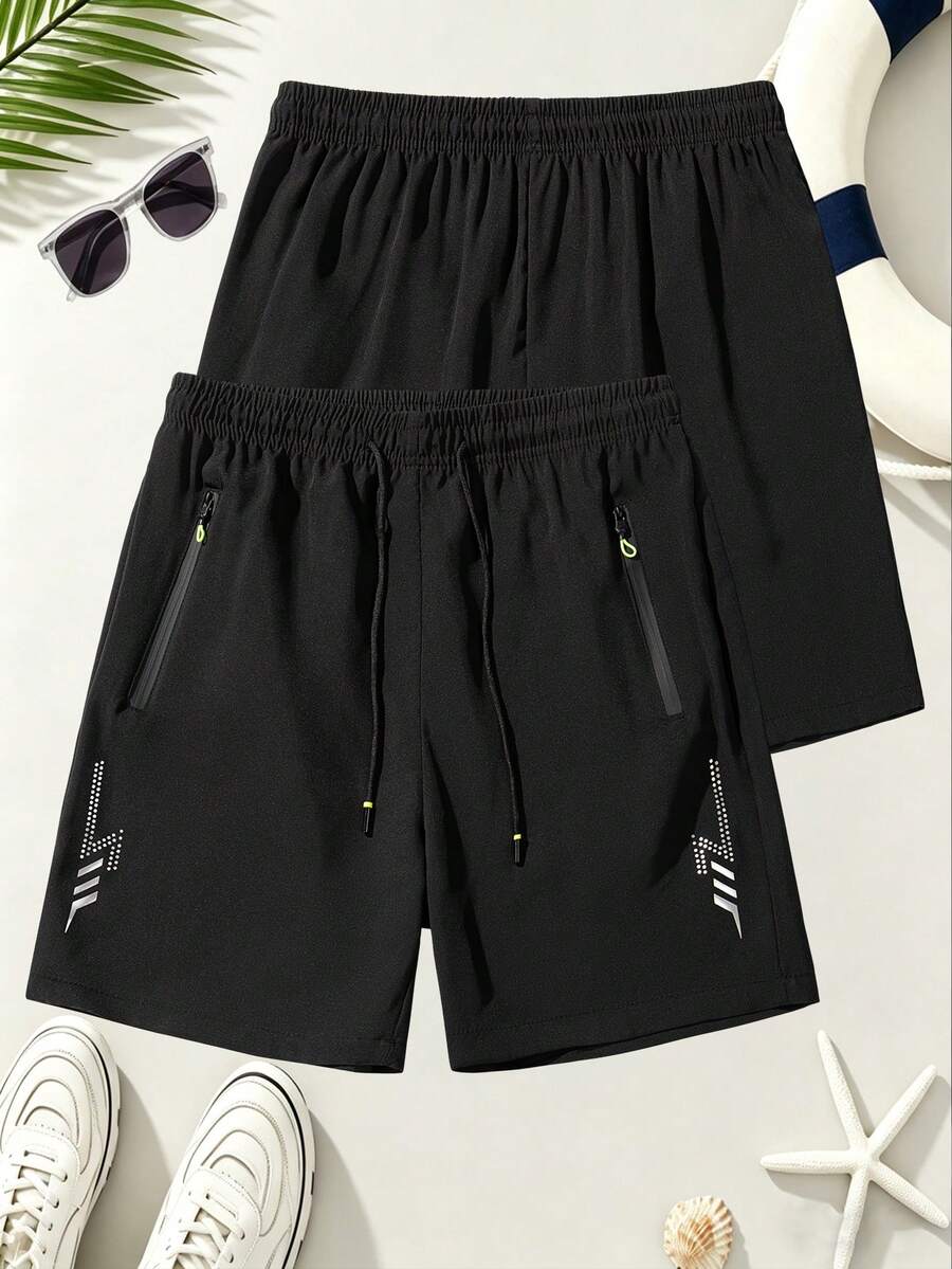 Men's Quick-Dry Sports Shorts - 4-Way Stretch Breathable Training Shorts With Zipper Pockets And Lightning Reflective Logo, Suitable For Summer Daily Commute, Work, Beach Vacation, Outdoor Leisure And More - Black - View 1