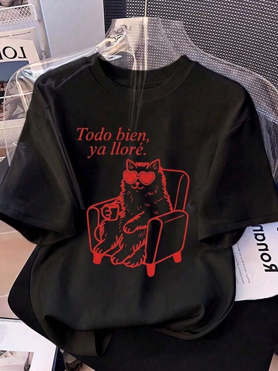1pack Impala Women's Casual Short Sleeve Crew Neck T-Shirt With Cat Graphic Print 'Todo Bien Ya Ll T-Shirt From Mexico Tops - 黑色 - 查看 1