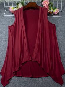 Plus Size Long Cardigan, Shawl Style, Modern, Elegant, Solid Color, Lightweight, Sleeveless, Open Front. - Burgundy - View 2