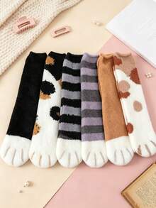 6 Pairs Mixed Color Fluffy Mid-Calf Socks For Women, Suitable For Daily Home/Office Tiger Paw Non-Slip Floor Socks, Cozy Socks - Multicolor - View 9