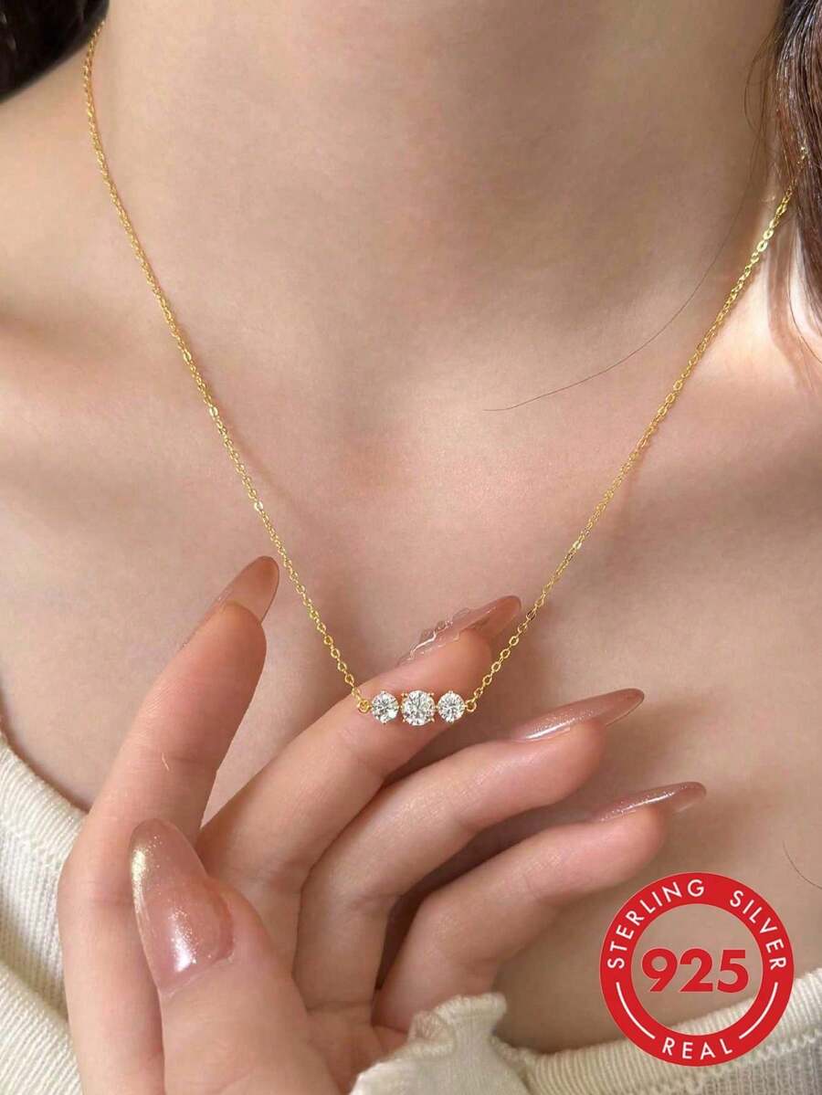 BALMORA 1 Fashionable Versatile S925 Sterling Silver Zirconia Pendant Necklace For Women Mother's Day Valentine's Day Birthday Jewelry Gift - Gold - View 1