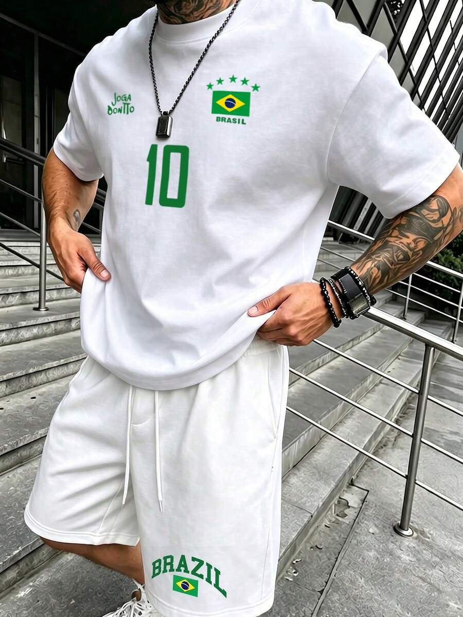 Men's Graphic T-Shirt Set, Retro Brazil Football Jersey - Legendary Number 10, Casual Football Fan Outfit, Football Jersey