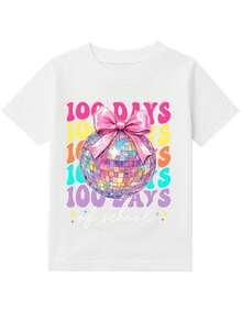 Camiseta de Niños y Niñas con Estampado de Lazo y Bola de Discoteca 100 Días de Escuela, Diseño Colorido y Brillante para Celebrar el Evento - Blanco - Ver 3