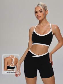 MASKERT Women 2pcs V Neck Crisscross Back Bra & High Waist Shorts Set Yoga Set Workout Set Gym Set 2 Pieces Set Training Tennis Outdoor Activewear Set - Black - View 1