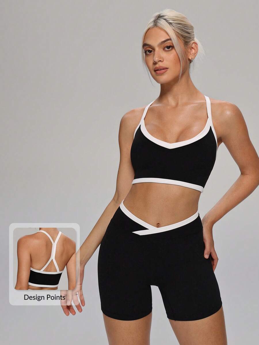 MASKERT Women 2pcs V Neck Crisscross Back Bra & High Waist Shorts Set Yoga Set Workout Set Gym Set 2 Pieces Set Training Tennis Outdoor Activewear Set - Black - View 1