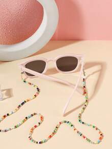 1 Set 1 pieza Gafas de moda cuadradas casuales para niños de 5-9 años, marco de PC rosa & blanco con lentes grises, con 1 pieza de cadena de gafas con cuentas, adecuadas para uso diario al aire libre, incluye estuche de gafas - Multicolor - Ver 9