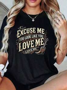 LooseTee1pcs Camiseta de Mujer con Estampado Gráfico "Excuse Me You Look Like You Love Me", 220g, Estilo Casual, Música Country, 100% Algodón, Cuello Redondo, Manga Corta, Corte Holgado. Cam - Negro - Ver 1