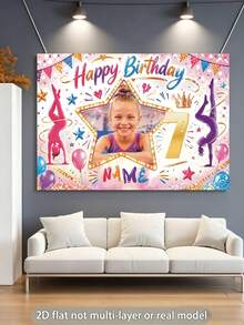 Customizable Name Photo Age Gymnastics Girl & Ballerina Theme Happy Birthday Watercolor Gymnastics Pose Silhouette, Triangle Bunting, Balloons, Floral Cake Elements, Encouraging Slogan Matching Gymnastics Dream Theme, Suitable For Gymnastics & Ballet Girl Birthday Party, Training Team Celebration, Sports Theme Photo Backdrop Vinyl Banner - Multicolor - View 4