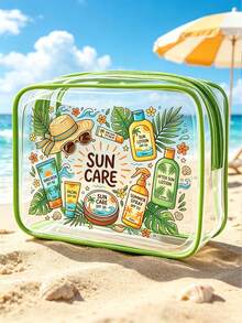 New Sun Protection Themed Printed PVC Waterproof Toiletry Bag, PVC Beach Bag, Fresh Hand-Drawn Sun And Sun Protection Design, Summer Sun Care Storage Gift, Zippered PVC Travel Organizer Bag, Lightweight Fade-Resistant Makeup Toiletry Bag Suitable For Women And Men, Easy To Clean Design, Suitable For Mothers, Teachers, Friends, Nurses Makeup Bag, School Vacation Holiday Back To School Supplies Toiletry Bag - Multicolor - View 1