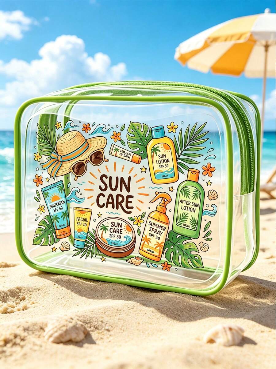 New Sun Protection Themed Printed PVC Waterproof Toiletry Bag, PVC Beach Bag, Fresh Hand-Drawn Sun And Sun Protection Design, Summer Sun Care Storage Gift, Zippered PVC Travel Organizer Bag, Lightweight Fade-Resistant Makeup Toiletry Bag Suitable For Women And Men, Easy To Clean Design, Suitable For Mothers, Teachers, Friends, Nurses Makeup Bag, School Vacation Holiday Back To School Supplies Toiletry Bag - Multicolor - View 1