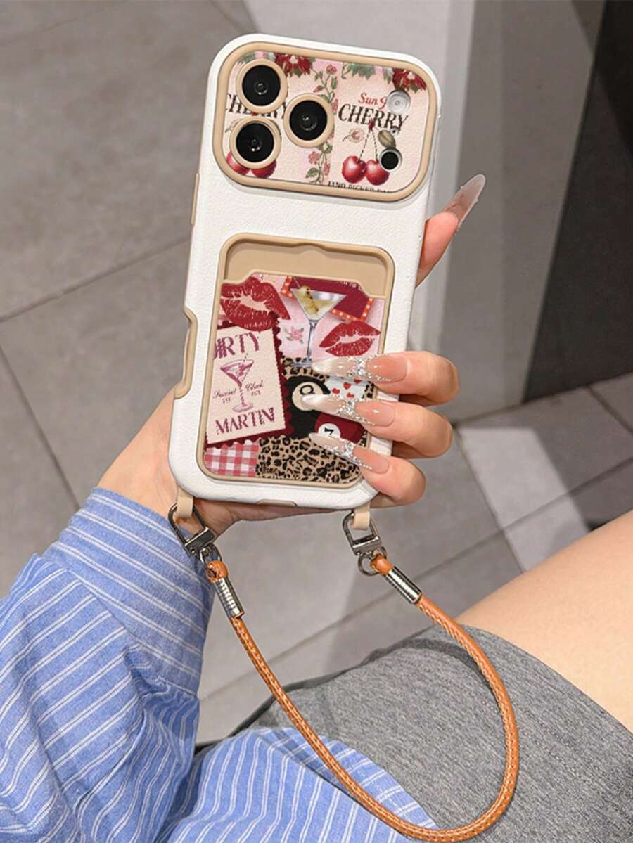 Sexy Lips Leopard Print Card Holder Phone Case With Lanyard, Anti-Drop, Card Slot, Full Lens Protection, Daily Commute Style, Compatible With IPhone 11/12/13/14/15/16/17 Pro/Pro Max - Multicolor - View 1
