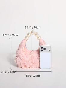 3D stereoskopische Rosenblumen Hobo-Tasche, Premium Perlen-bestickte Handtasche, süßer Stil Damen-Tragetasche, rosa Mesh-Jacquard elegante Handtasche - Pink - Übersicht 2