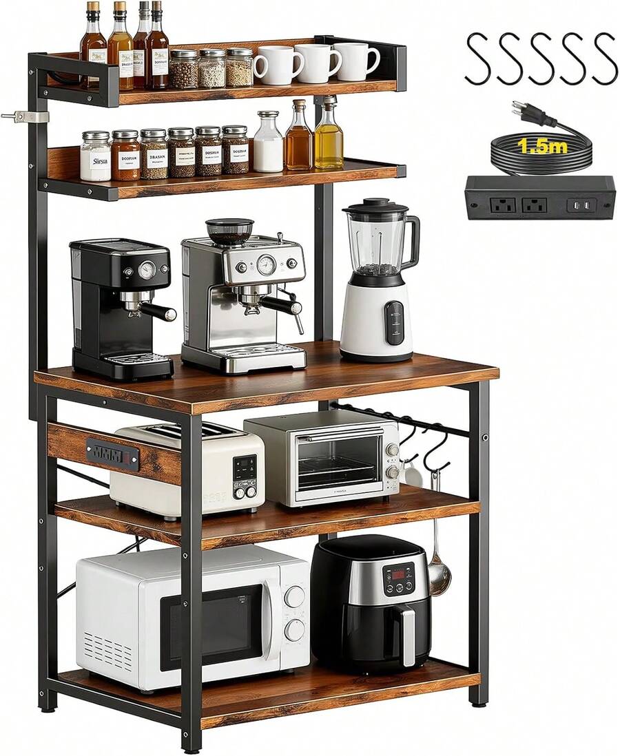 LOKOOY 5-Tier Storage Cabinet, Kitchen Shelf With Outlets And 5 Hooks, Microwave Rack, Multipurpose Cabinet For Kitchen, Living Room, Office, Cafe - White - View 1