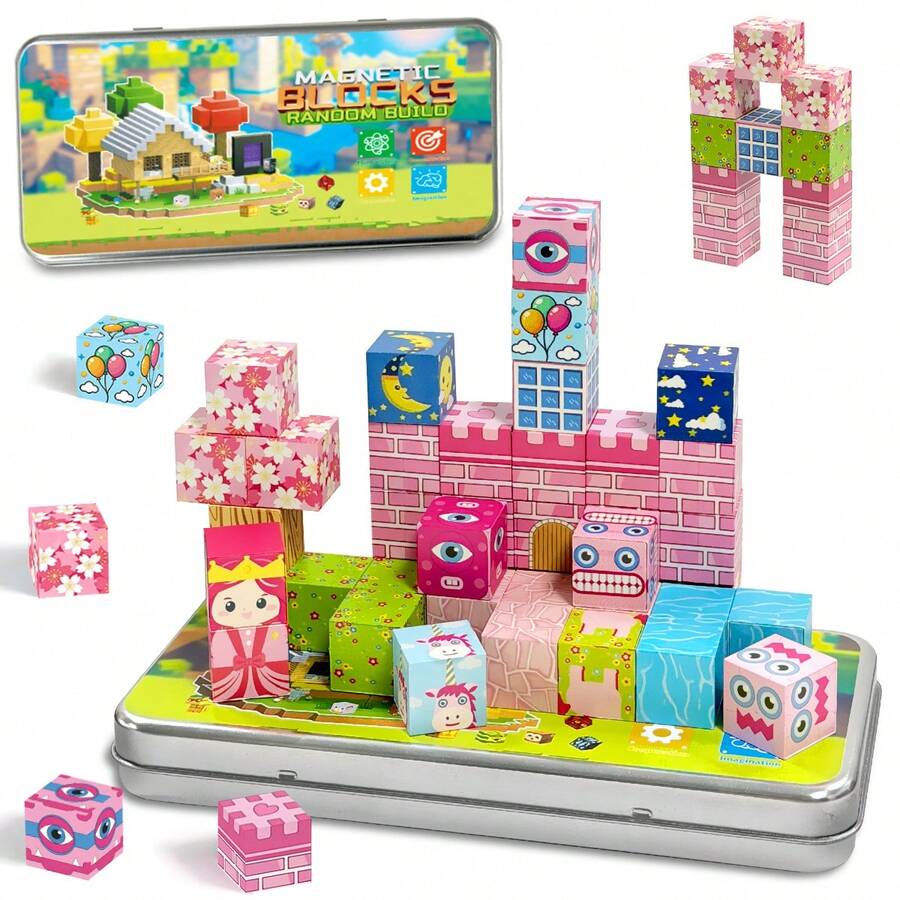 Sakura Castle Themed Magnetic Cube Building Blocks 35Pcs With New Rectangle Iron Storage Box, Girls Favorite DIY 3D Castle Stacking Toy, Floral Scene Assemble Playset, Spatial Thinking Gift For Kids Birthday & Holiday - Multicolor - View 1