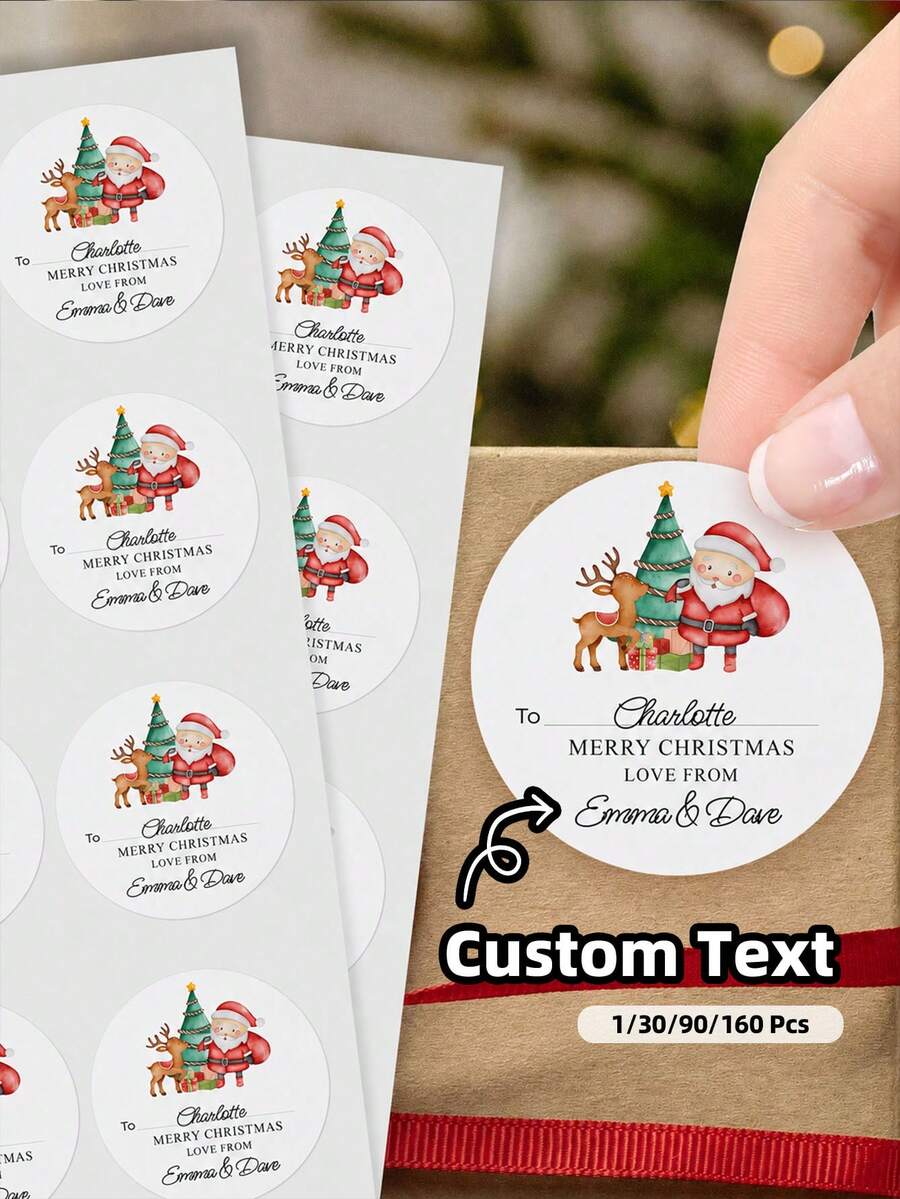 1/30/90/160pcs Personalized Christmas Stickers Gift Labels, Customized Christmas Holiday Stickers, Customized Text Round Name Gift Labels - Featuring Santa Claus, Reindeer Patterns, Personalized Self-Adhesive Labels, Suitable For Gift Bags, Desserts And Baked Food Packaging Boxes, Floral Design, With "Bake With Love" Text, Gift Bag Stickers, Thank You Stickers - White - View 1