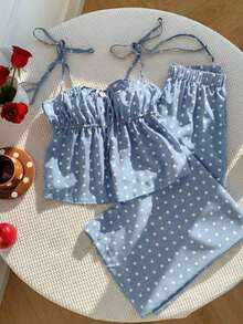Two-Piece Set Of Polka Dot Print Tank Top And Pants, Casual Spring Style. 2-Piece Set - Blue - View 10