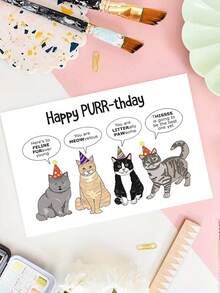 1pc "Happy PURR-Thday" Funny Cat Birthday Card With Envelope – Punny Party Cats Cartoon Design – Humorous Greeting For Cat Lovers – Blank Inside - A - View 3