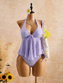 Women's Halter Neck Ruffle Lace Bikini Set: Flattering Two-Piece Swimsuit For Hot Springs - Light Purple - View 1
