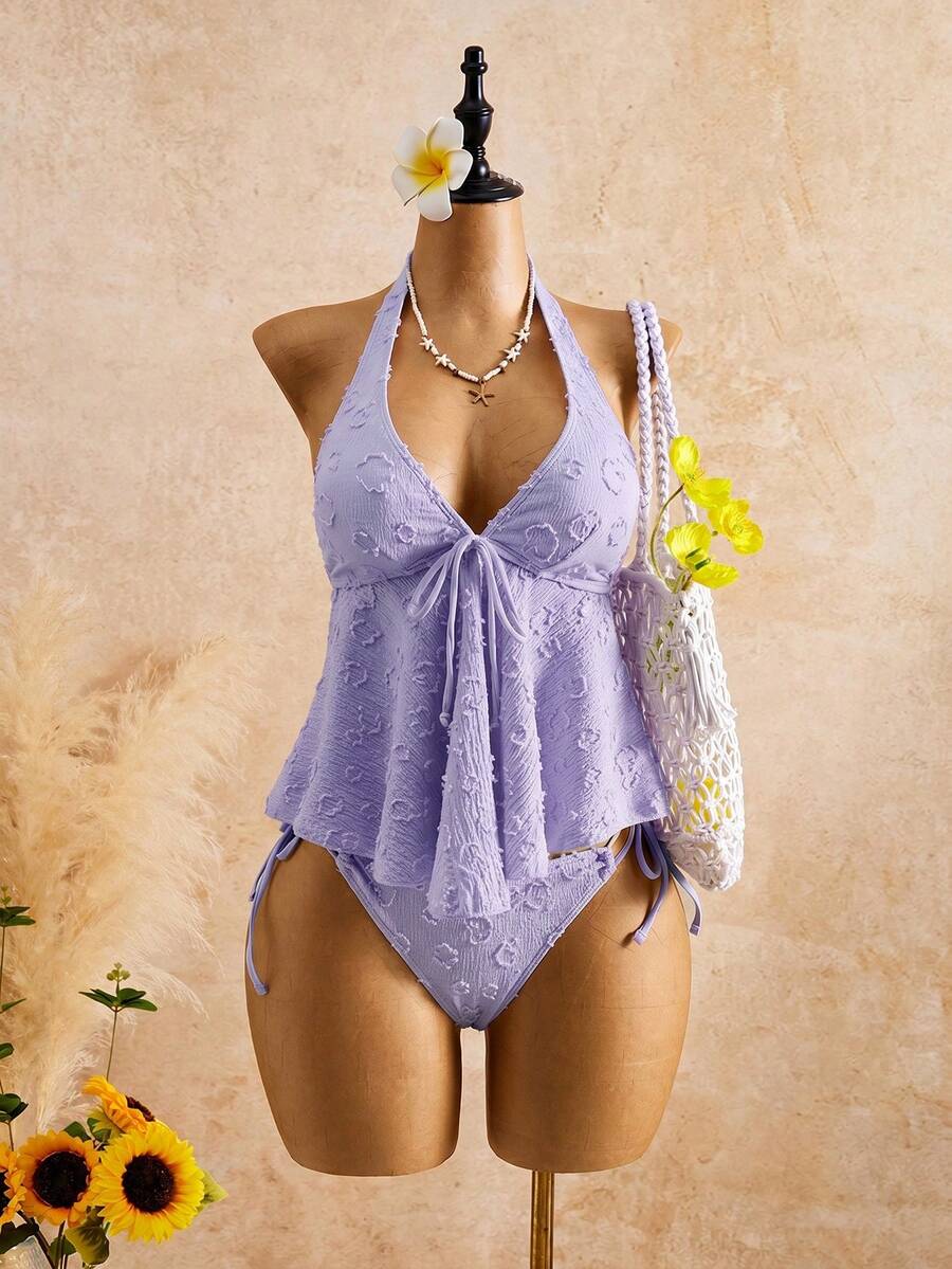Women's Halter Neck Ruffle Lace Bikini Set: Flattering Two-Piece Swimsuit For Hot Springs - Light Purple - View 1