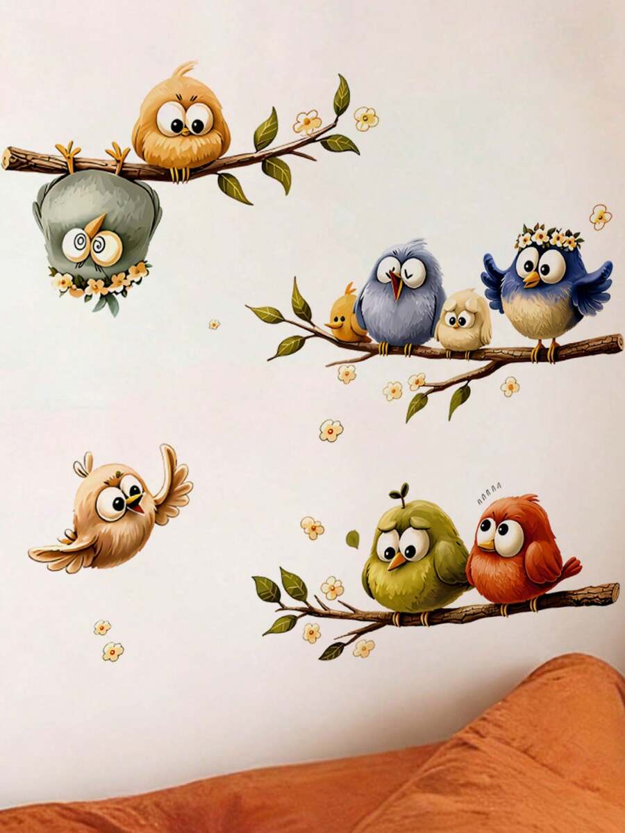 1pc Cartoon Cute Birds On Flower Branches Wall Decal Sticker, Removable Room Decor For Bedroom, Living Room, Kids Room - 1PC - View 1