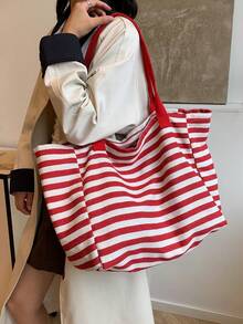 女款帆布托特包，大容量，全新百搭四季款，紋理條紋單肩包，適合上學、通勤、度假、旅行、短途出行、休閒、購物 - 紅色 - 查看 3
