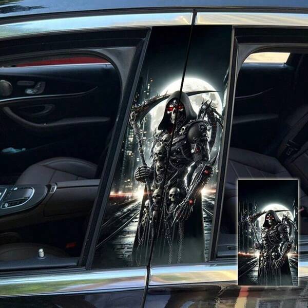 Grim Reaper Skull Car B-Pillar Vinyl Sticker Set - Horror Death Ghost Skeleton Scythe Pattern Decal, Universal Exterior Car Accessories, Suitable For Sedan, Truck, SUV, Gothic Style Waterproof