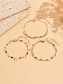 3pcs/Set French Luxury Style Colorful Rhinestone Star Layered Bracelet Set, Fashionable Oval Colorful Rhinestone Hollow Five-Pointed Star Decor Gold Women's Hand Accessory, Suitable For Daily Wear, Summer Vacation, Date, Party, Music Festival, Handmade Chain Cut By Length, Colorful Rhinestone Color Is Random - Multicolor - View 2