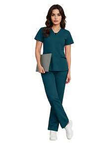 Women's Beauty Salon Spa Esthetician Doctor Nurse Hospital Care Dental Scrub Uniform 2-Piece Set Fall - Teal Blue - View 5