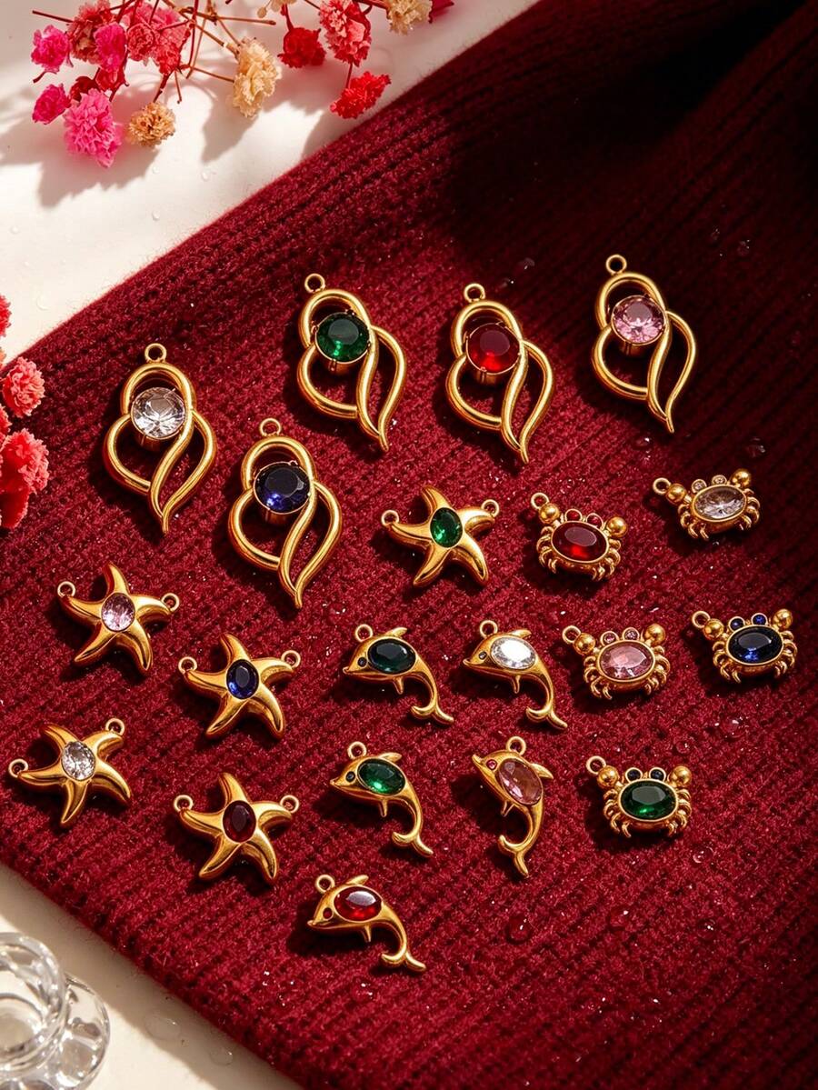 3Pcs 304 Stainless Steel 18K Gold Plated Colorful Rhinestone Marine Life Pendants DIY Handmade Jewelry Accessories/Waterproof And Fade-Resistant - Basket - View 1