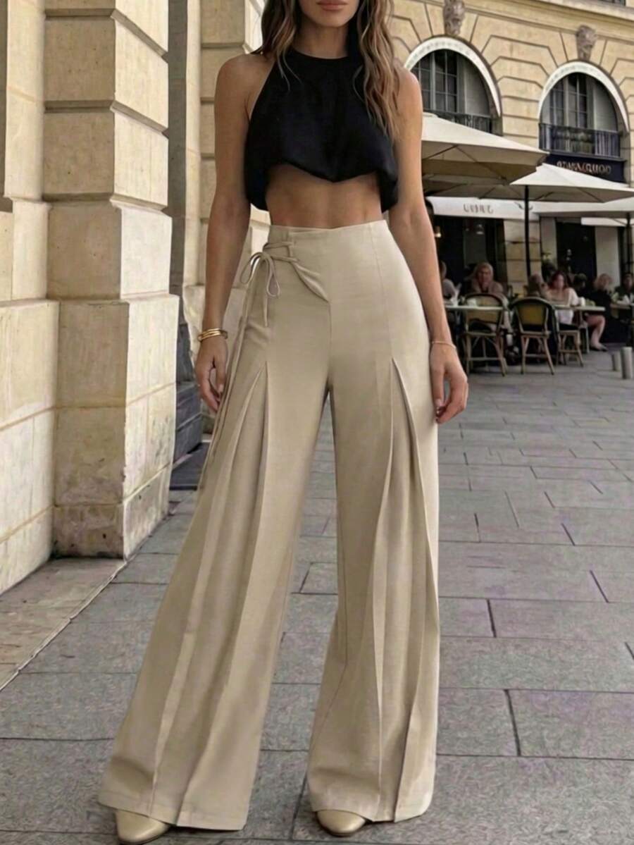 Perirose Minimalist Wide Leg Trousers In Brown, With Side Tie Design, Suitable For Office Fashion And Urban Walks In Spring/Summer - Khaki - View 1